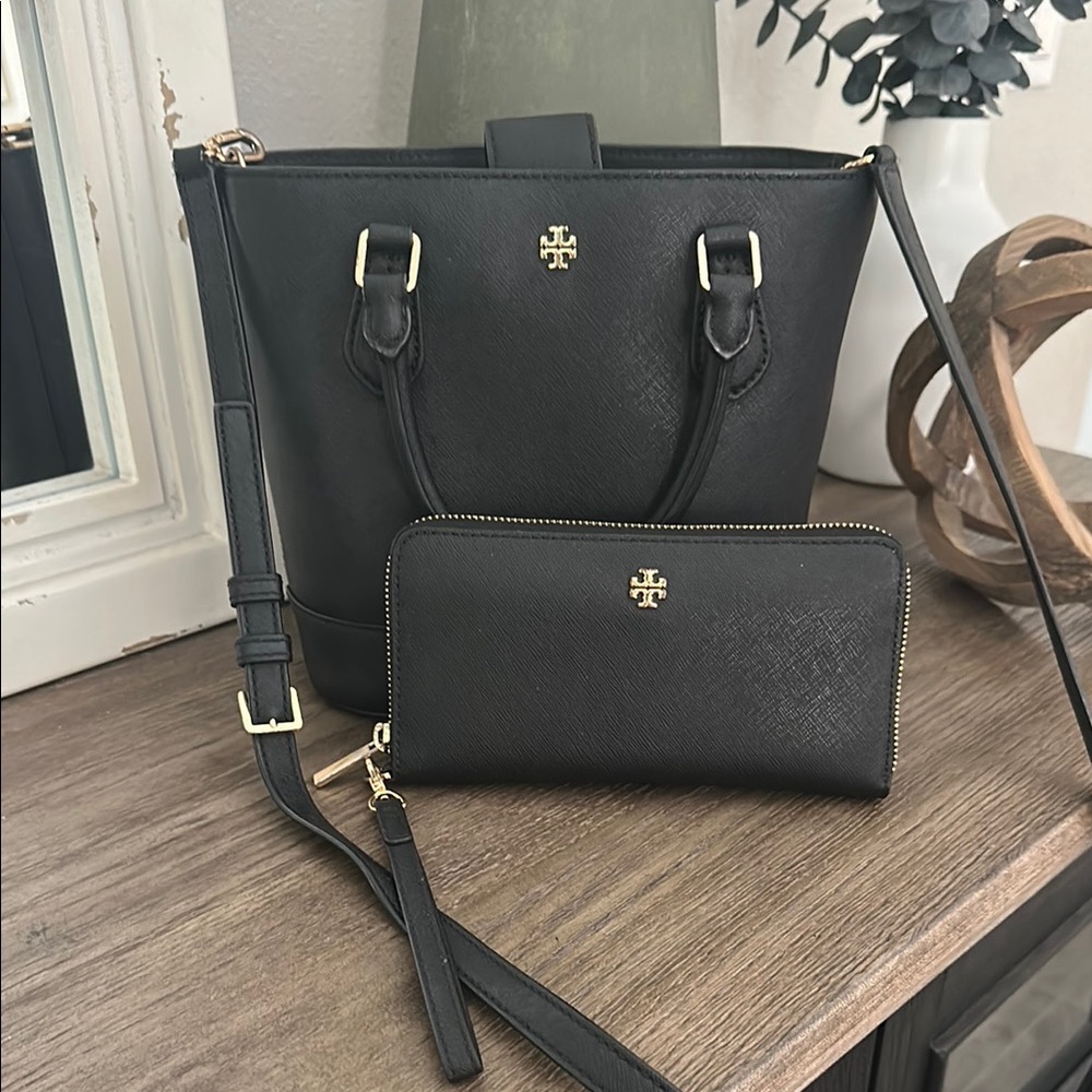 Tory Burch Black Leather Tote and Wallet Set
